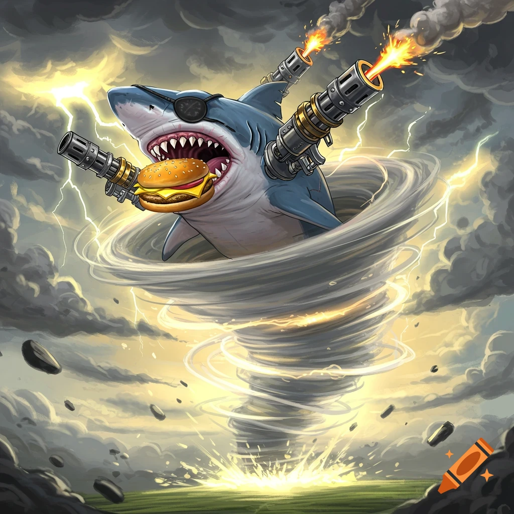 Cartoon shark with machine guns and eyepatch riding a tornado and eating a burger in a storm.