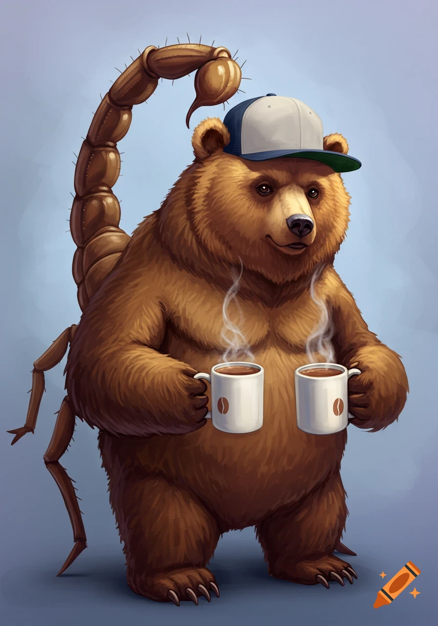 Illustration of a bear-scorpion hybrid creature wearing a baseball cap and holding two steaming coffee mugs.