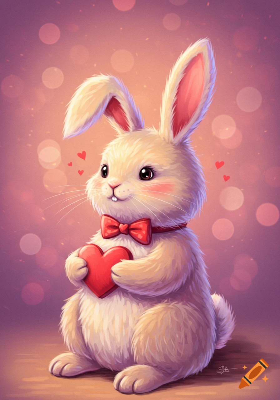 A cute fluffy bunny holds a red heart and wears a bow tie, with bokeh lights and small hearts around it.