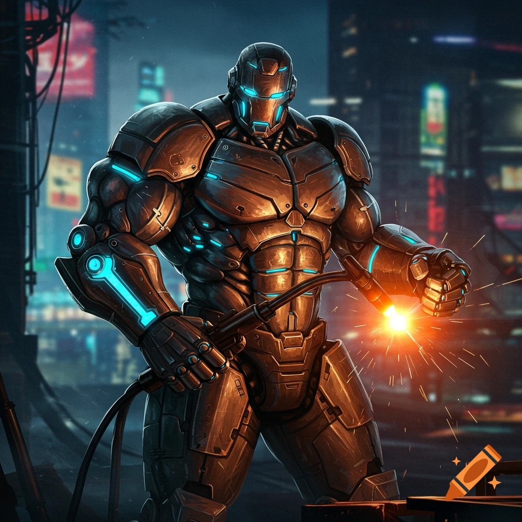 Muscular robot welds in a cyberpunk city.