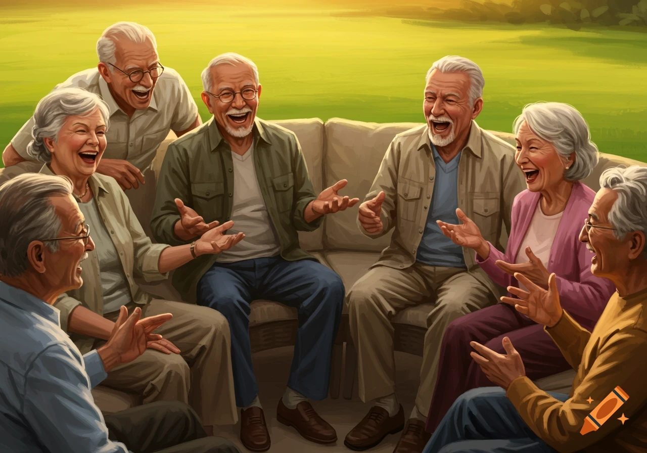 Group of elderly people laughing and talking on a sofa outdoors, illustrative style.