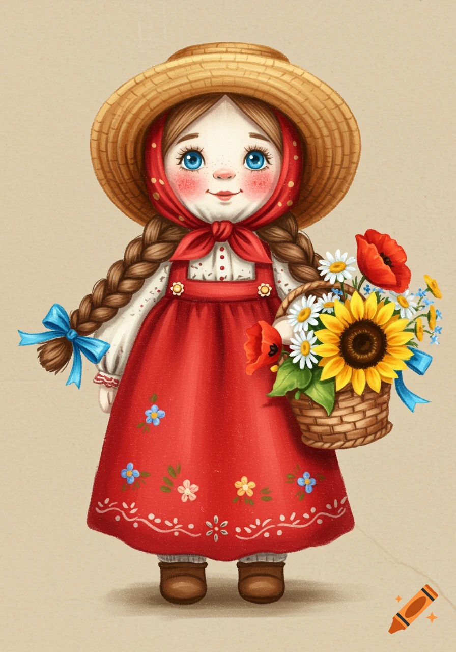 Illustration of a doll in a red dress, straw hat, and braids, holding a basket of flowers.