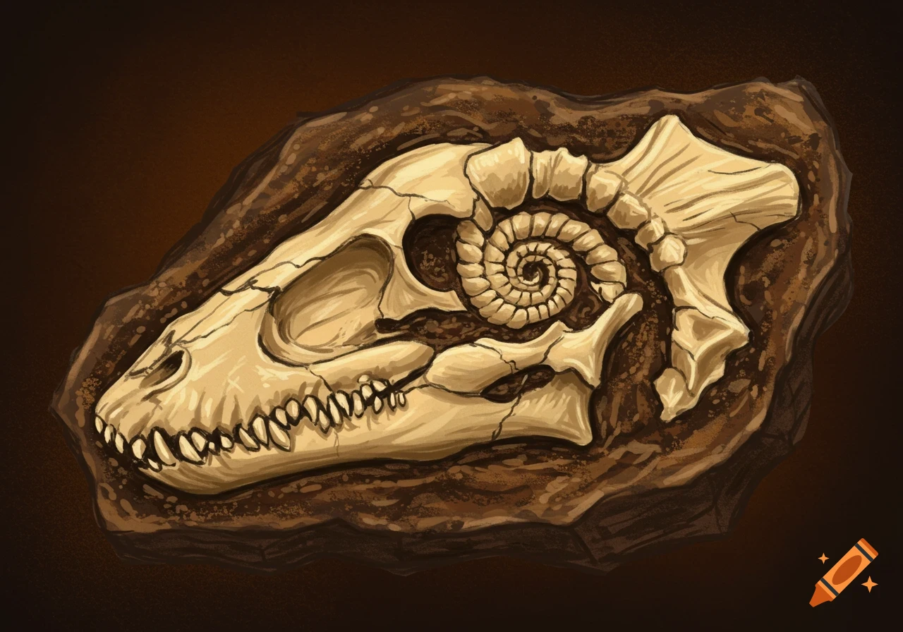 A beige fossilized skull embedded in brown rock.