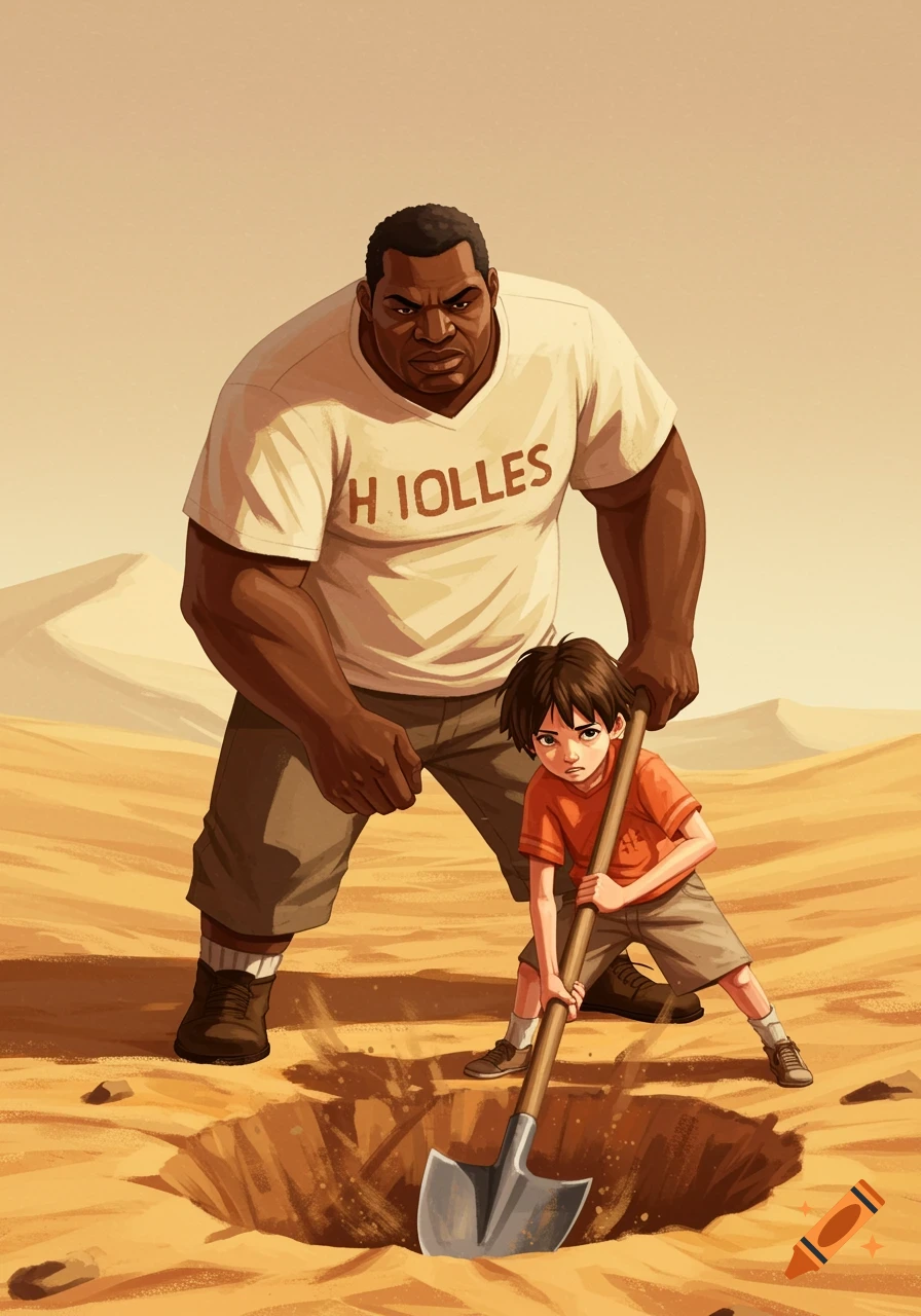 A large man and a boy dig a hole in a desert in an illustrated style.