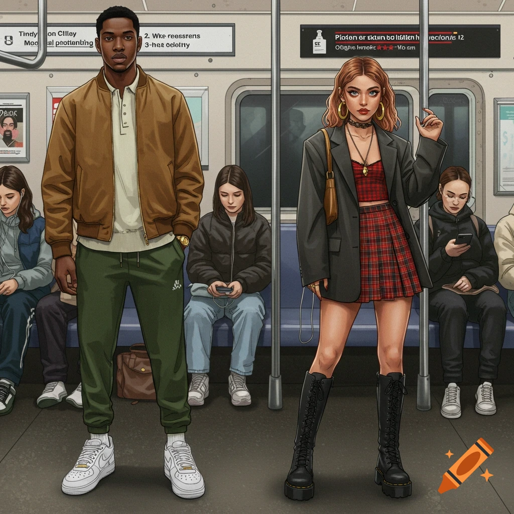 Illustration of a man and woman in streetwear standing in a subway car.