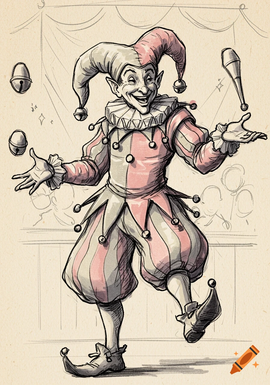 Sketch of a jester in costume juggling bells and a club.