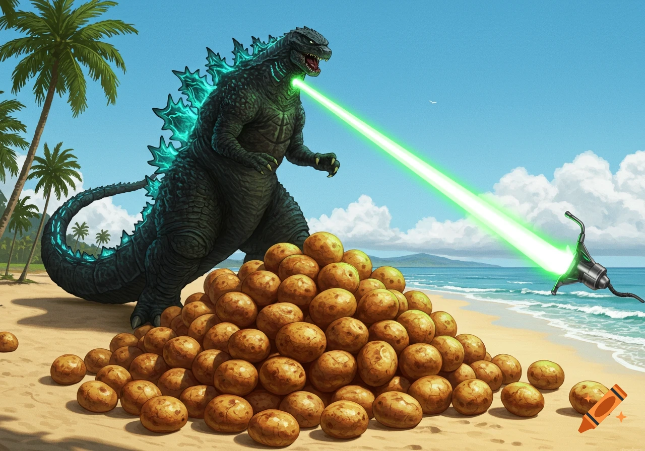 Godzilla roasts a pile of potatoes on a sunny beach with a laser beam.