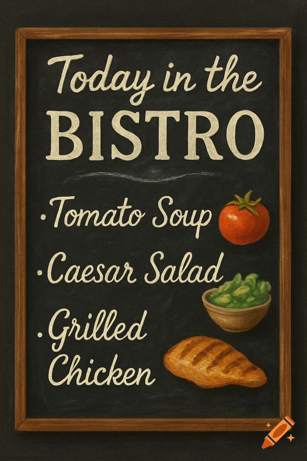 Chalkboard menu reads "Today in the BISTRO" with listed items: Tomato Soup, Caesar Salad, Grilled Chicken, next to illustrations of the dishes.