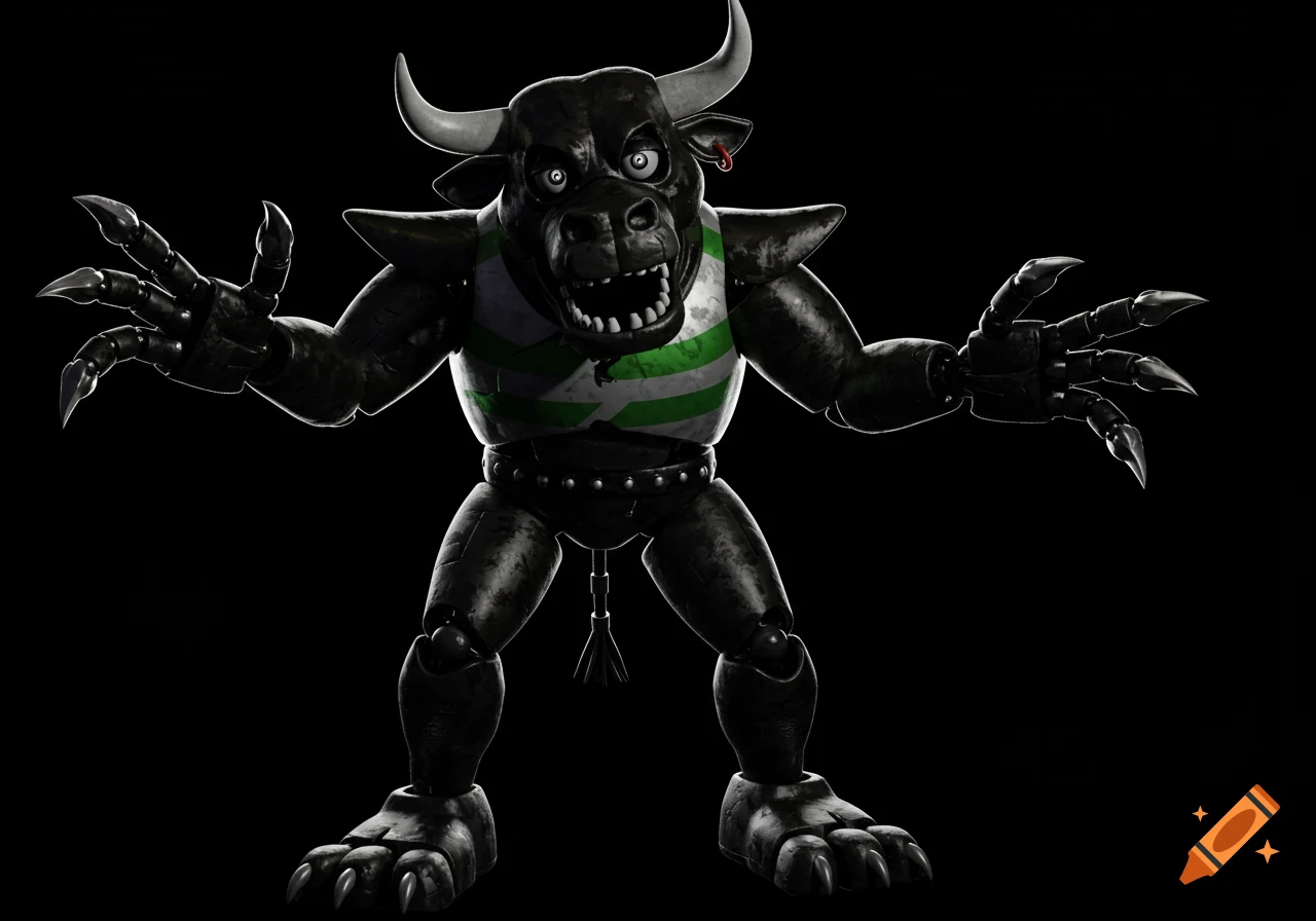 A black animatronic bull with green and white stripes, outstretched claws, and sharp teeth.