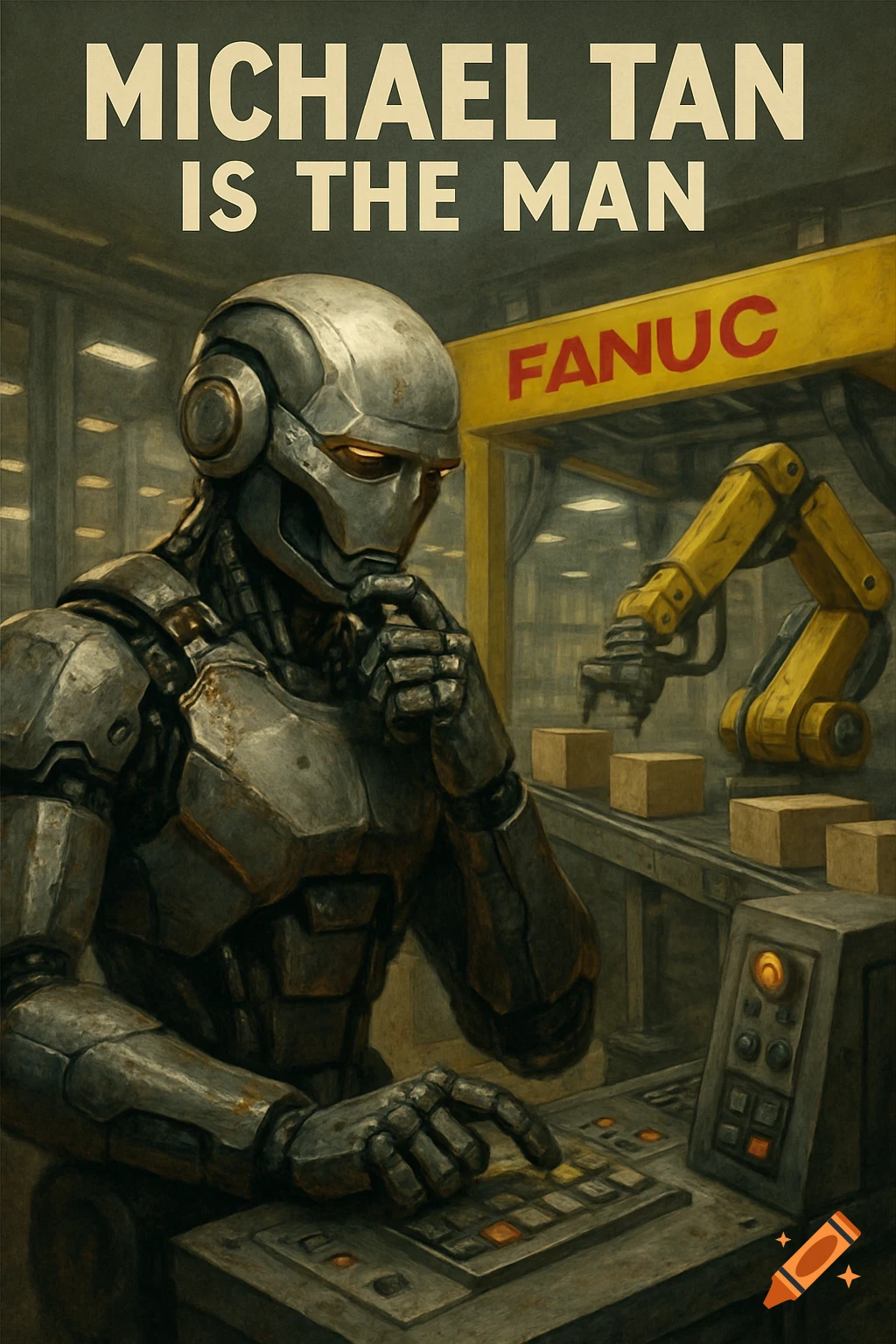 A robot engineer operates a console next to a FANUC robot arm on a packaging line.