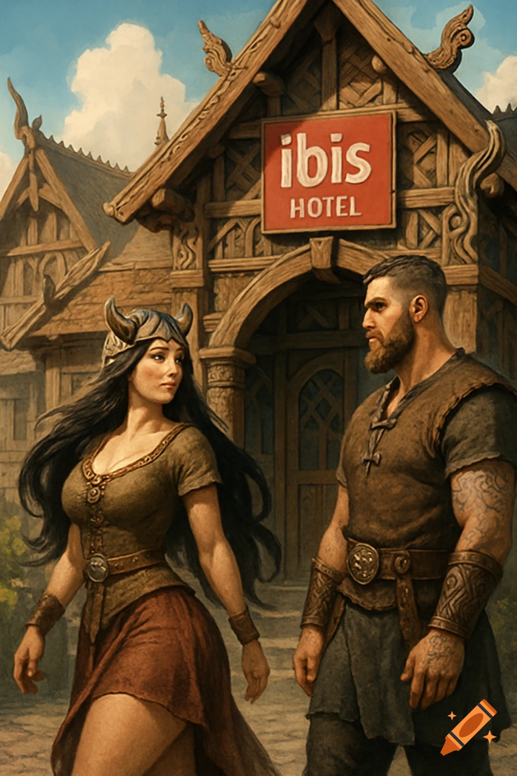 Viking woman and man walk past a wooden building with an Ibis Hotel sign. Painterly style.