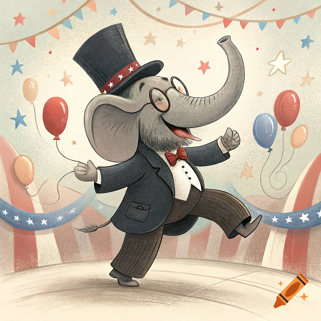 A cartoon elephant dances on a stage wearing a top hat, suit, and glasses, surrounded by balloons and decorations.