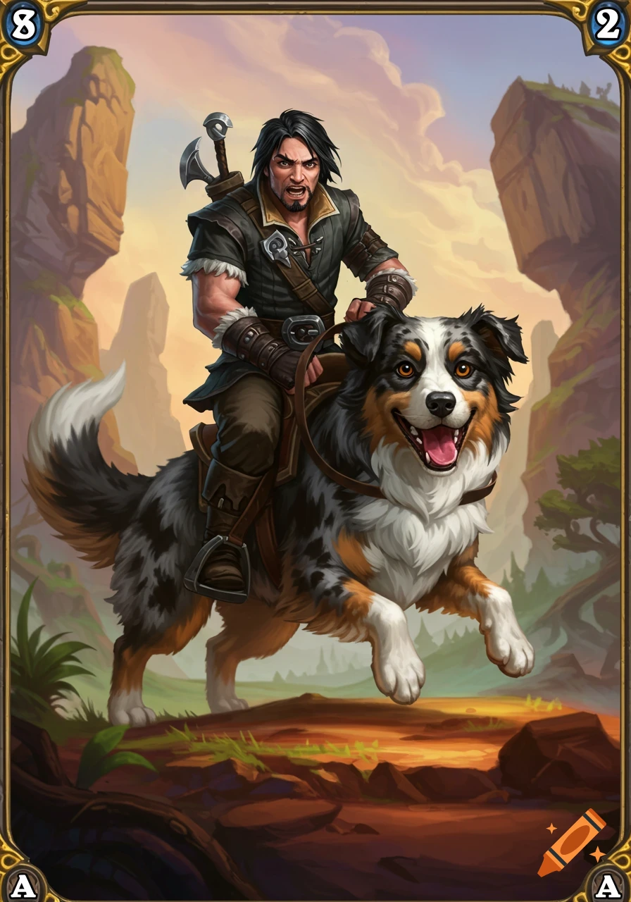 A man rides a large Australian Shepherd dog through a fantasy landscape in a card game style.