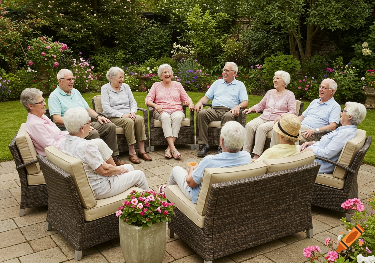 A group of smiling senior citizens sitting in a circle in a garden.
