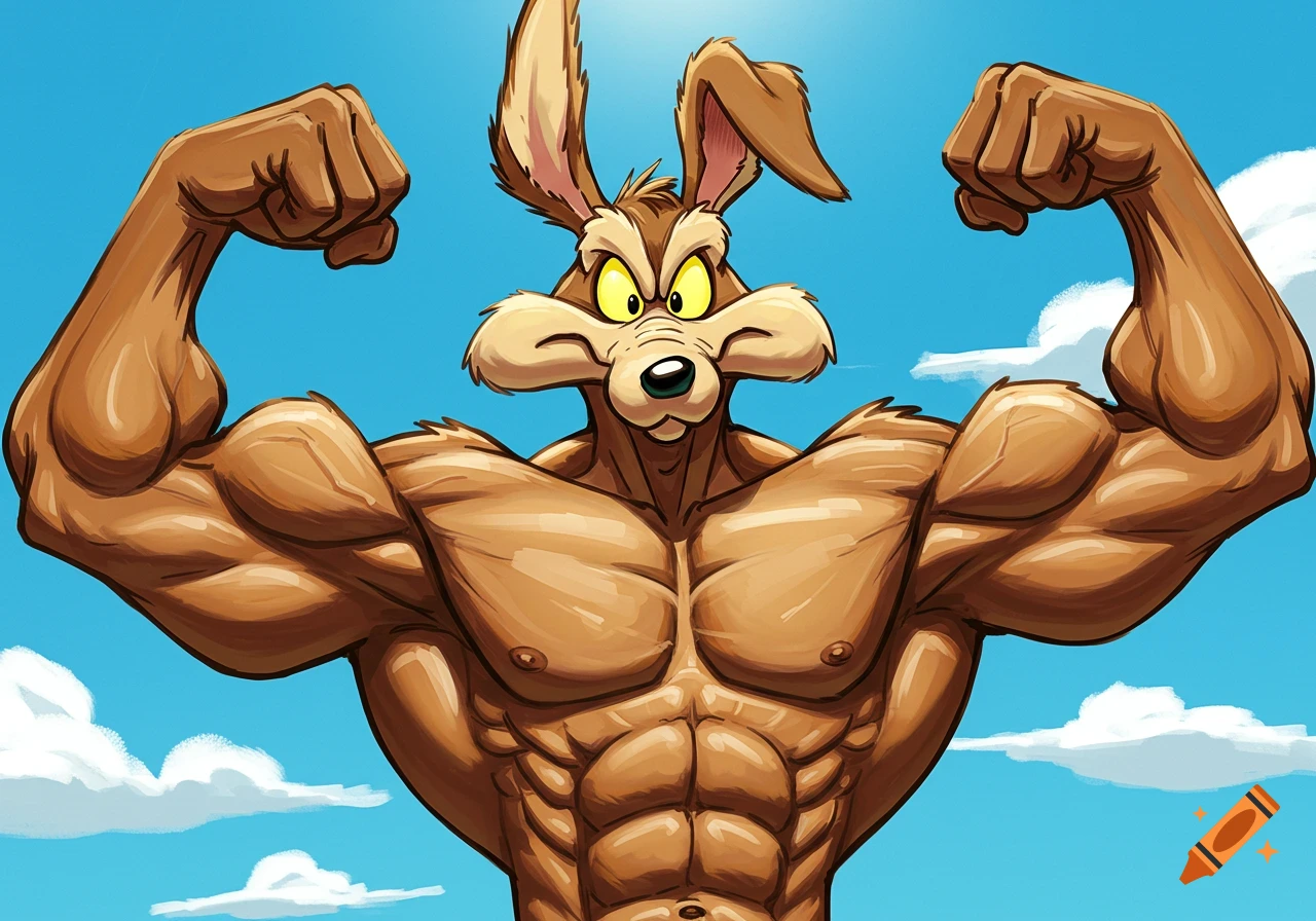 Wile E. Coyote shows off his large, toned muscles while striking a pose.