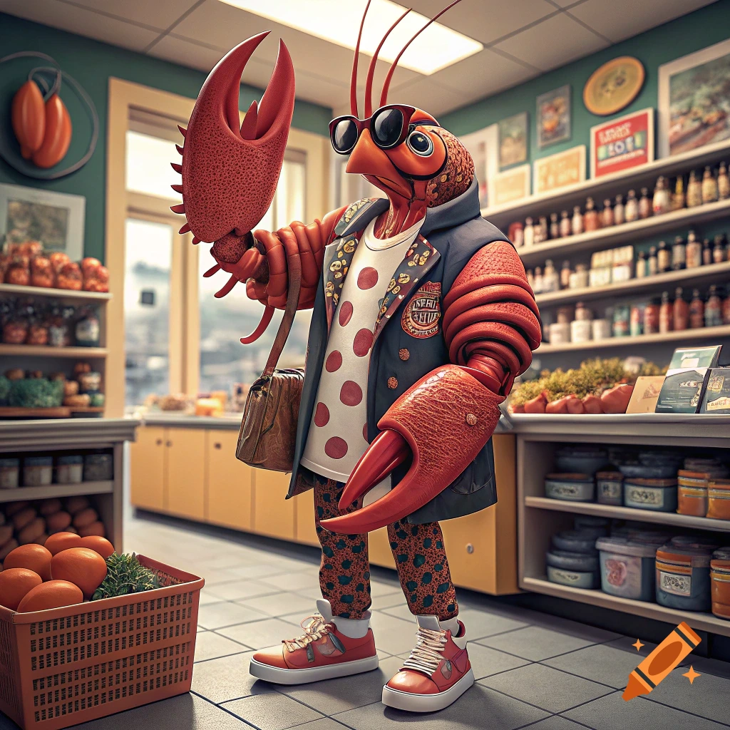 Anthropomorphic lobster in sunglasses and clothes holding a claw in a grocery store.