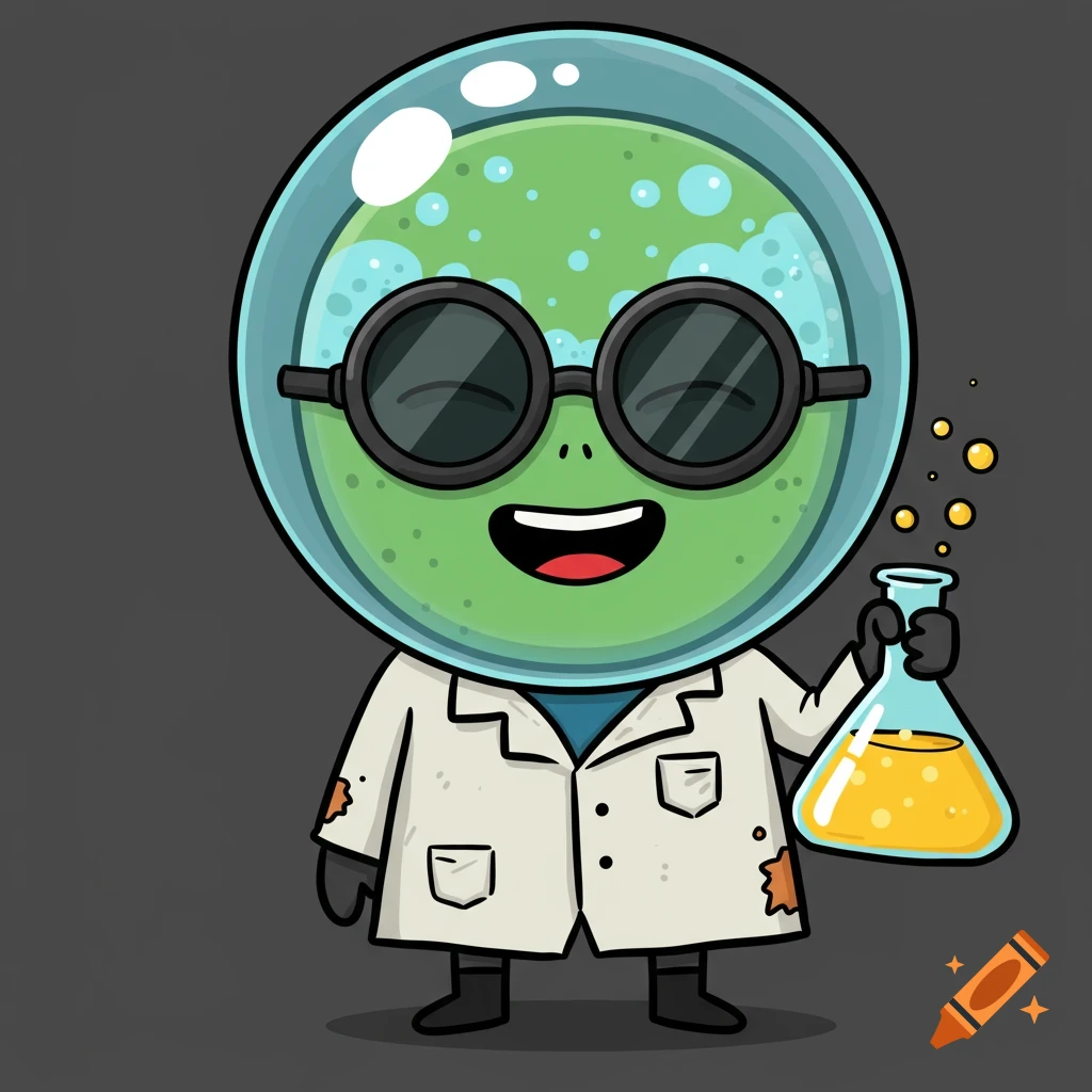 Cartoon alien scientist with goggles and lab coat holding a beaker.