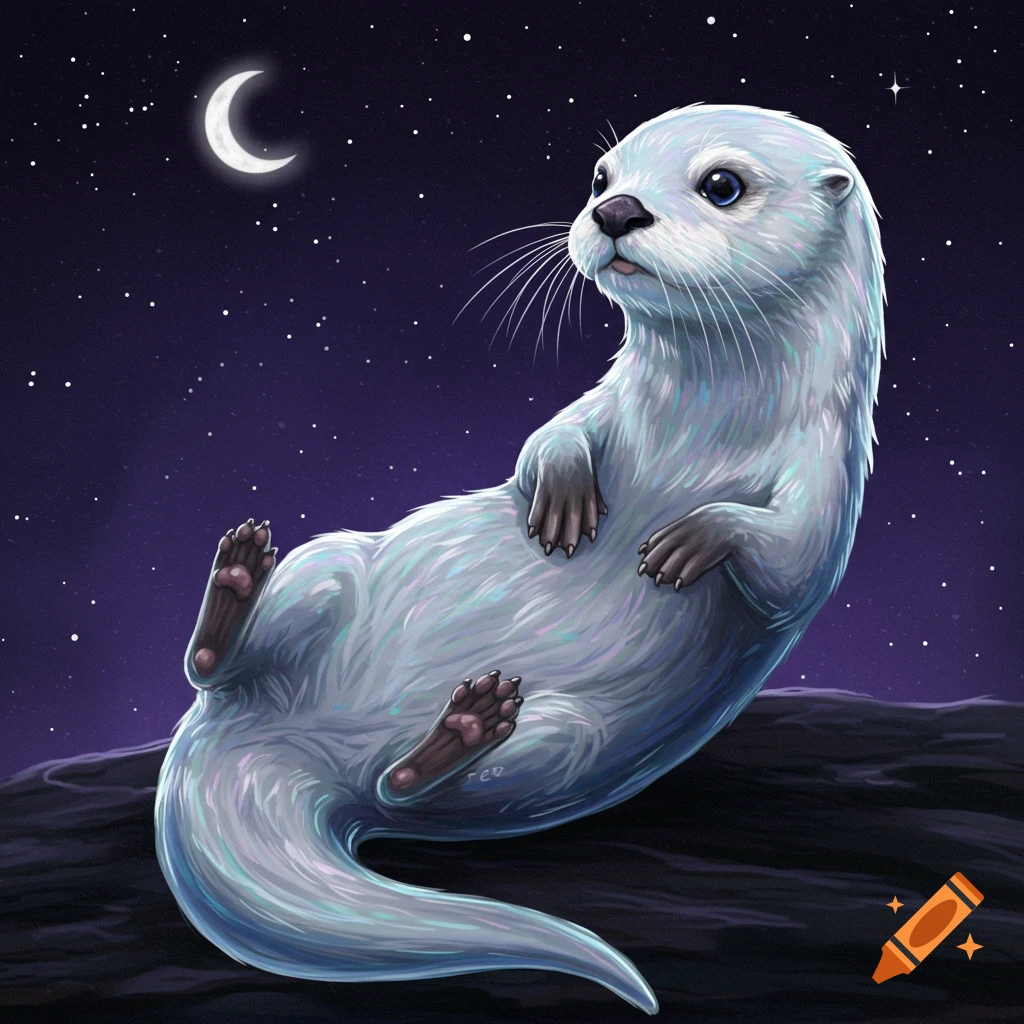 A stylized white otter with shimmering fur lies on its back under a starry night sky and crescent moon.