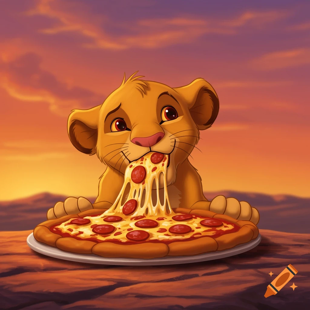 A cartoon lion cub eats a large slice of pepperoni pizza with stretchy cheese at sunset.