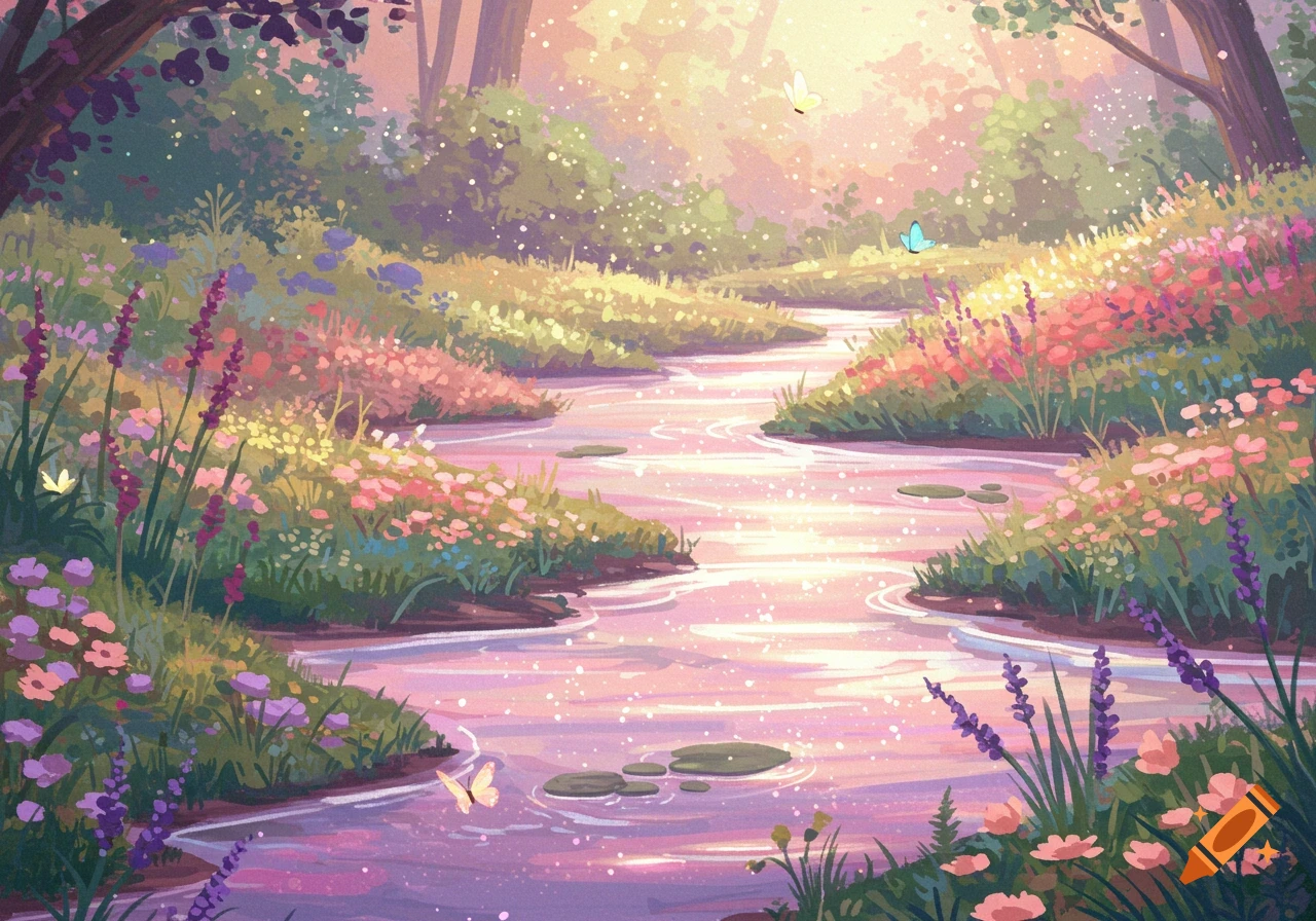 Painterly scene of a magical creek flowing through a vibrant field of ...