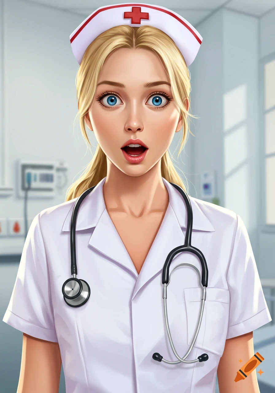 Digital illustration of a surprised blonde nurse with blue eyes wearing a stethoscope.
