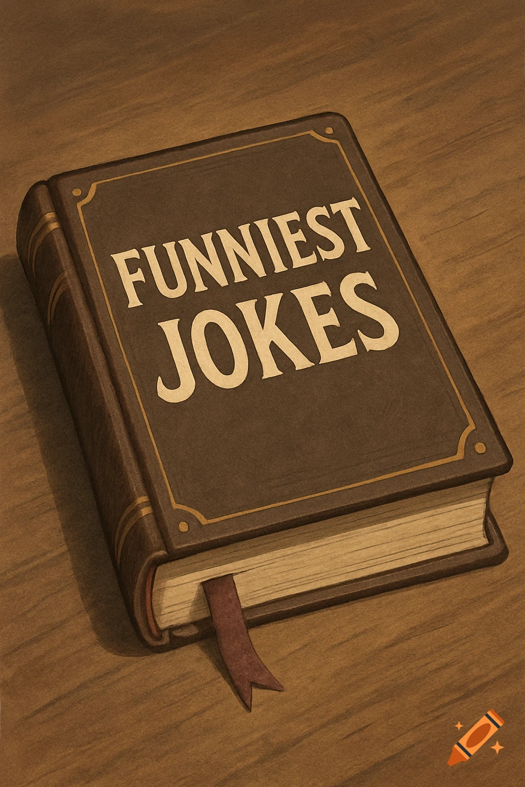 An illustrated brown book titled "FUNNIEST JOKES" lies on a wooden table with a red bookmark.