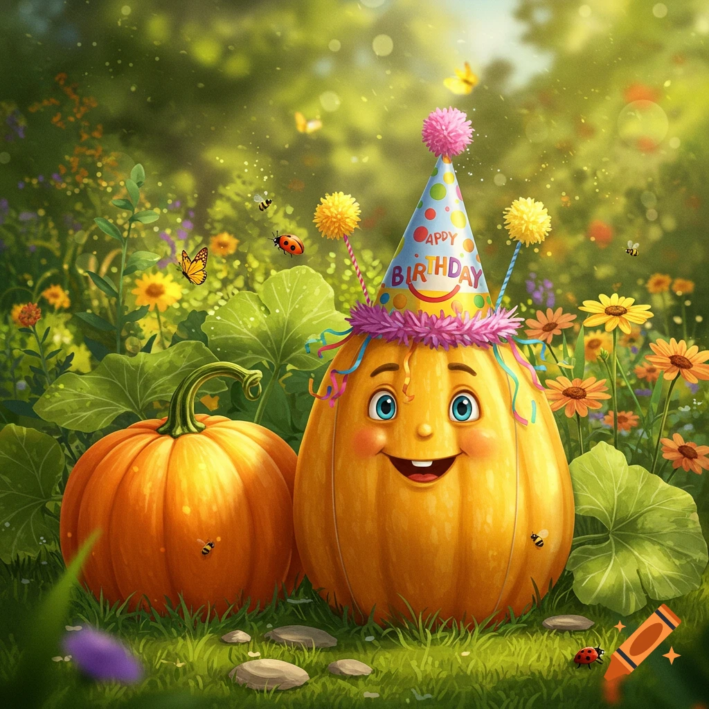 A smiling squash wearing a birthday hat stands next to a pumpkin in a sunny garden with flowers, butterflies, and bees.