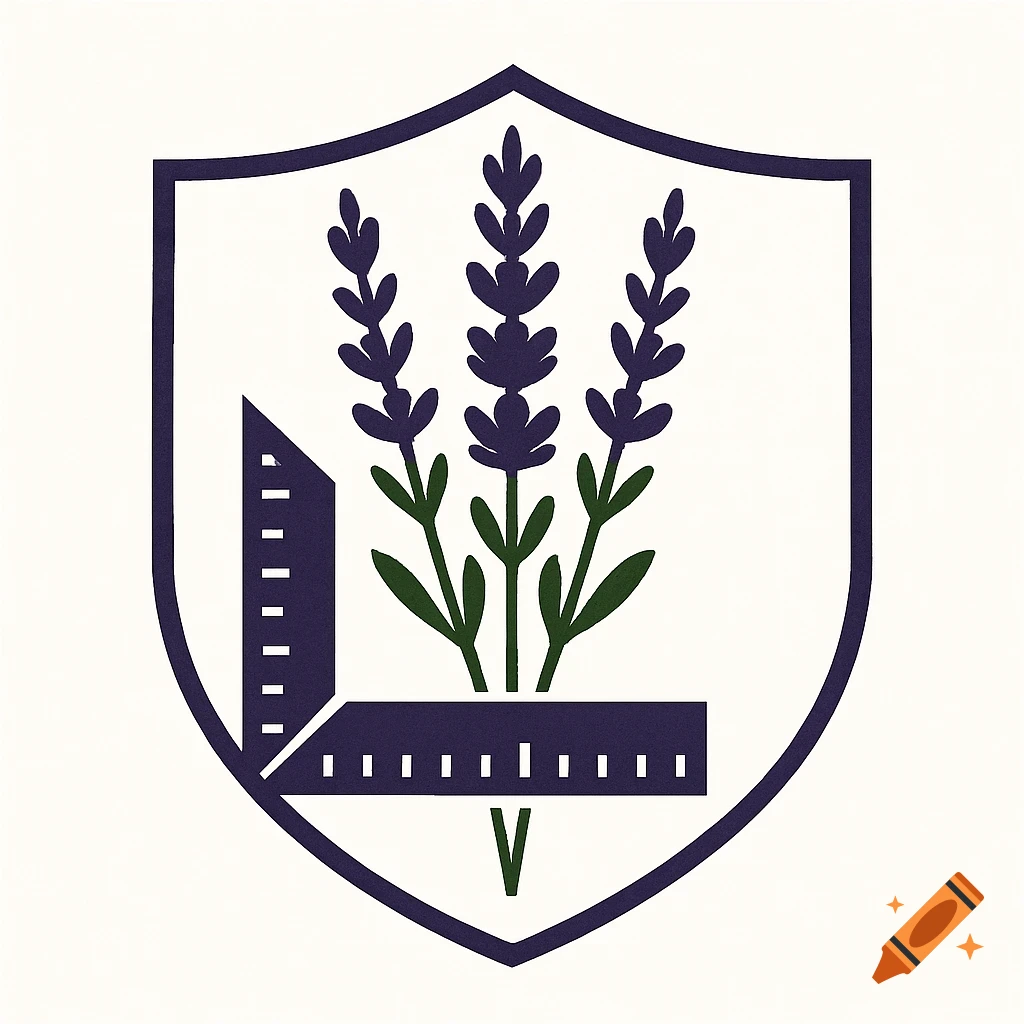 A crest symbol with lavender flowers and a carpenter's square.