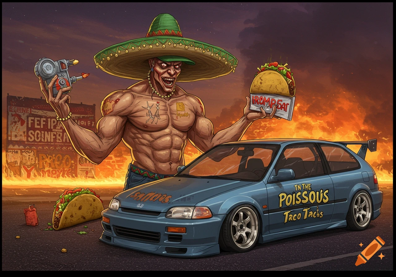 Detailed illustration of a muscular man in a sombrero holding a taco and weapon, standing next to a lowered blue car with fire background.