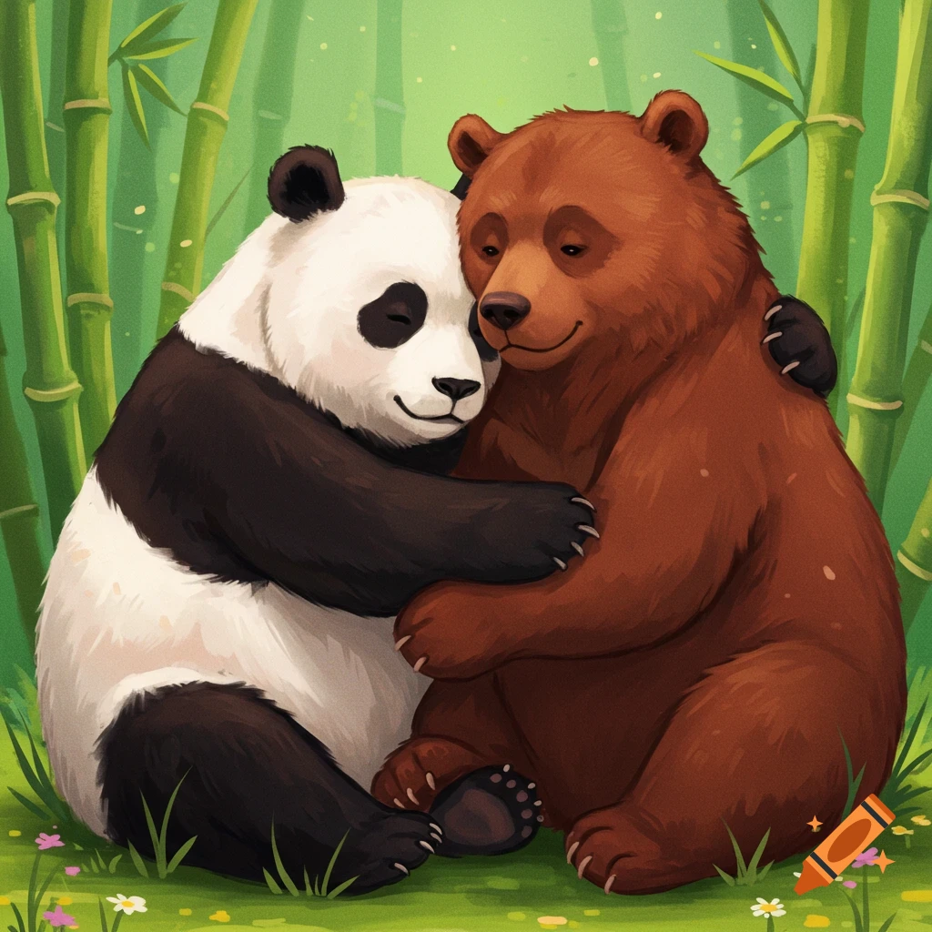 Illustration of a panda and a brown bear hugging in a bamboo forest.