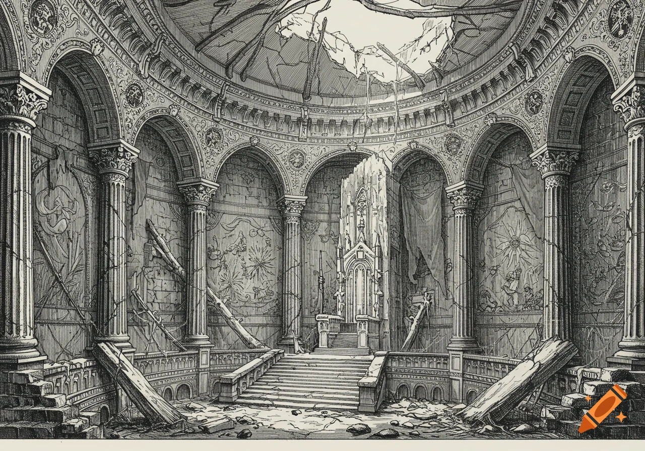 Line art drawing of a ruined, abandoned throne room with debris and broken dome.