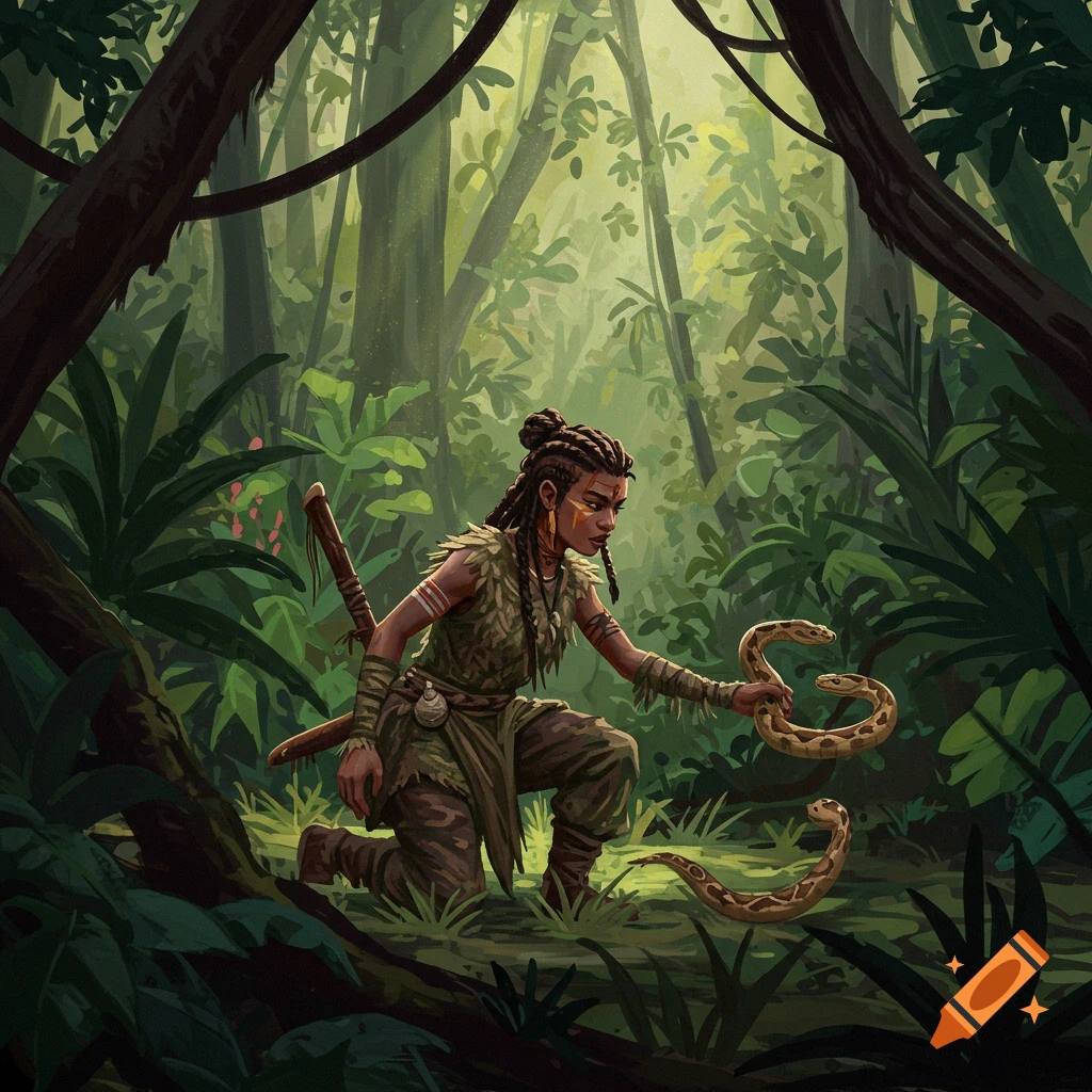 A woman in tribal clothes kneels in a lush jungle, interacting with two snakes.