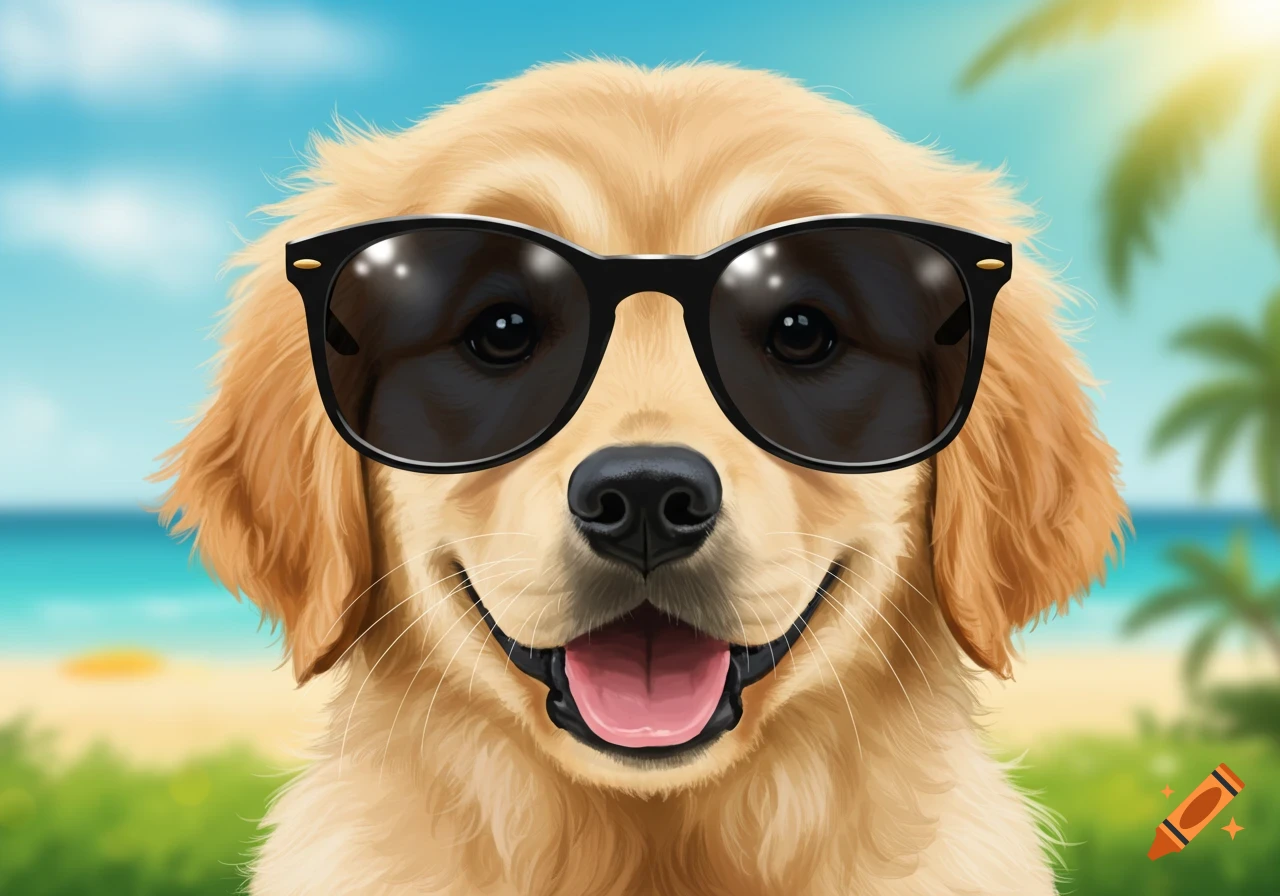Golden Retriever puppy wearing sunglasses on a beach. Digital illustration.