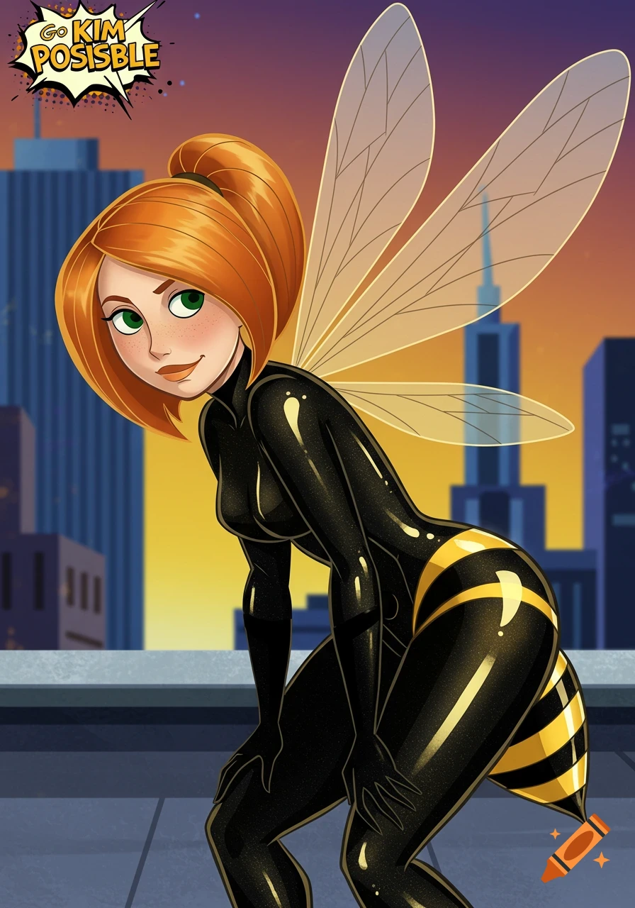 Kim Possible in a black and yellow bee suit crouching on a city rooftop.