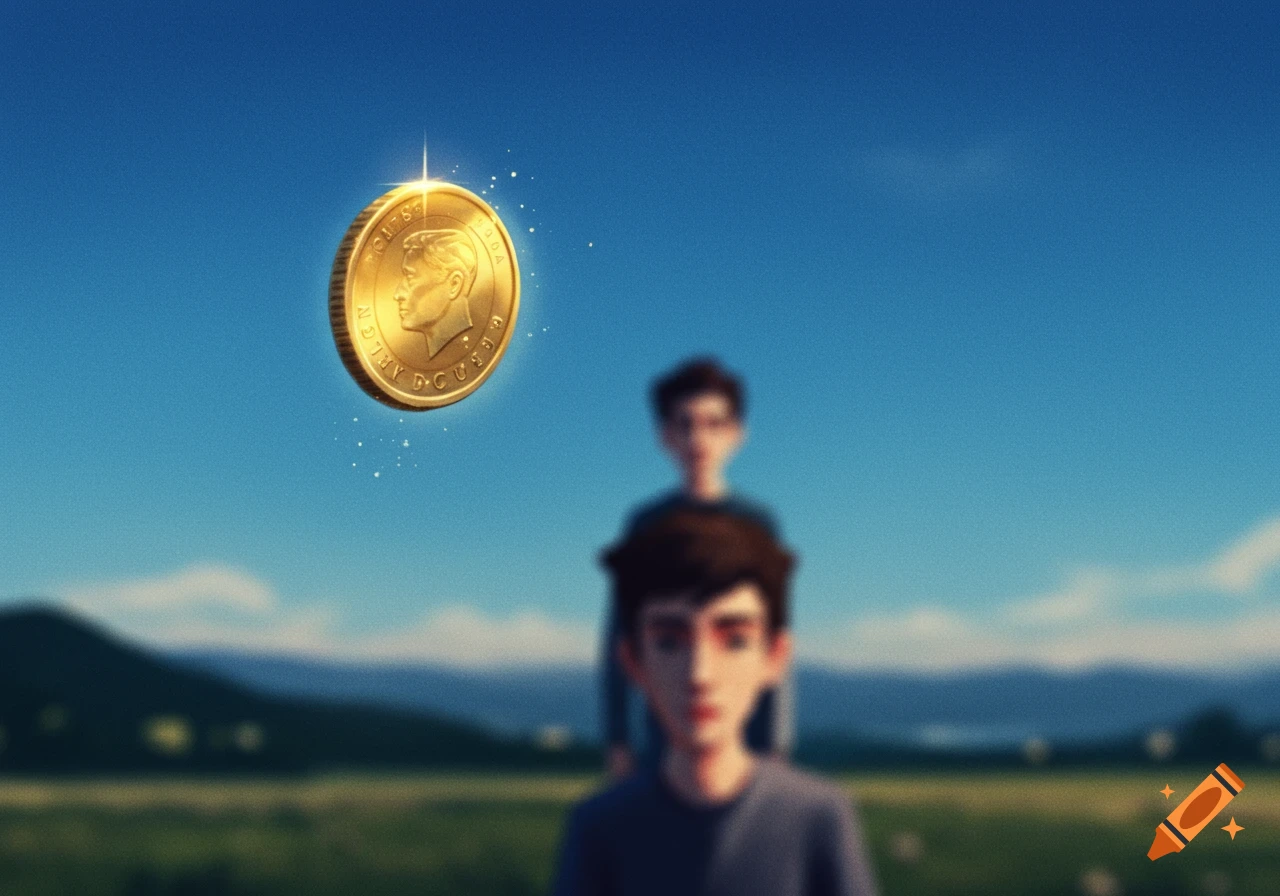 Gold coin floating in the sky above a blurry landscape with figures.
