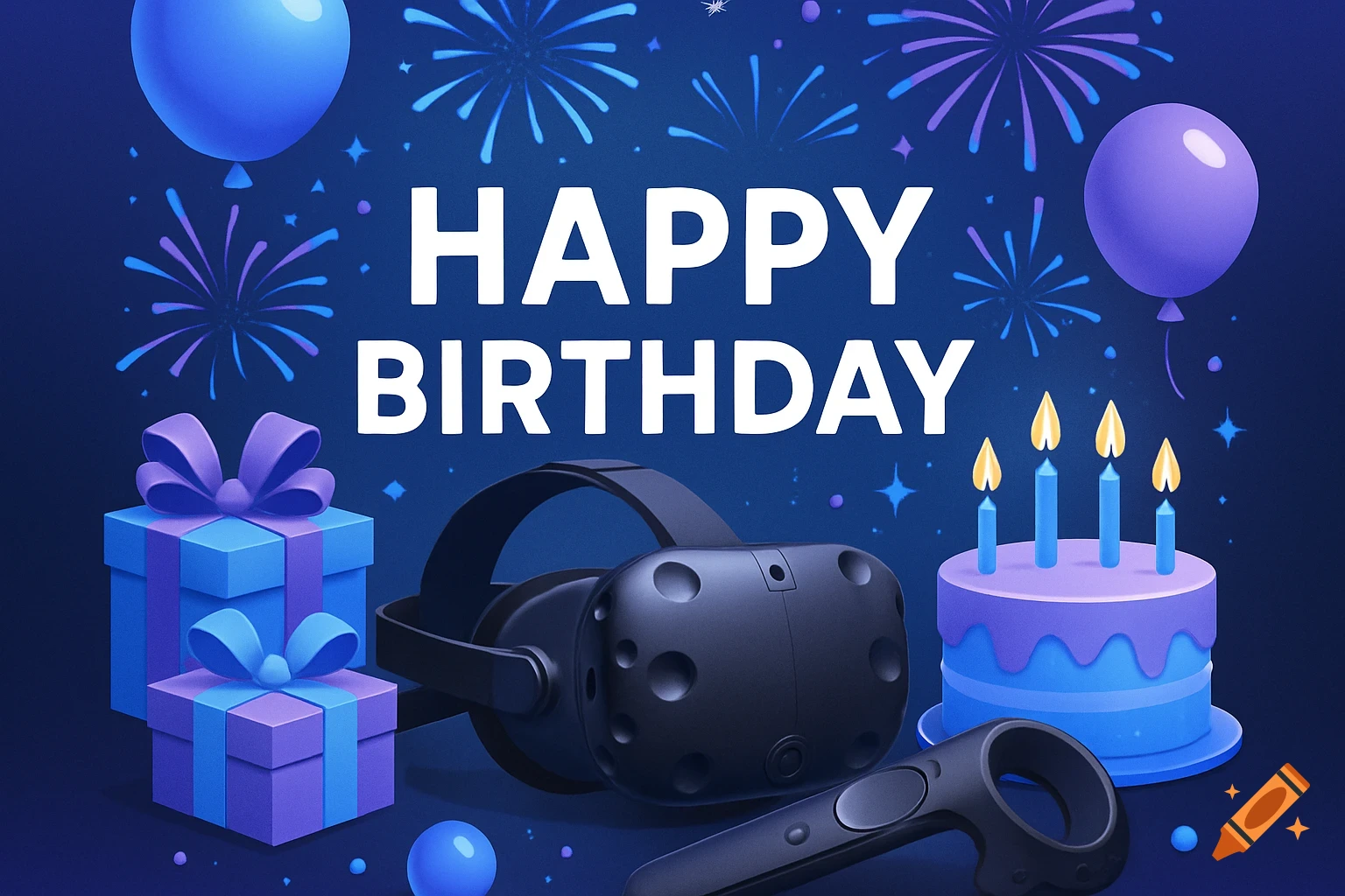 A blue and purple illustrated birthday poster with text 'HAPPY BIRTHDAY', gifts, cake, balloons, fireworks, and a VR headset and controller.