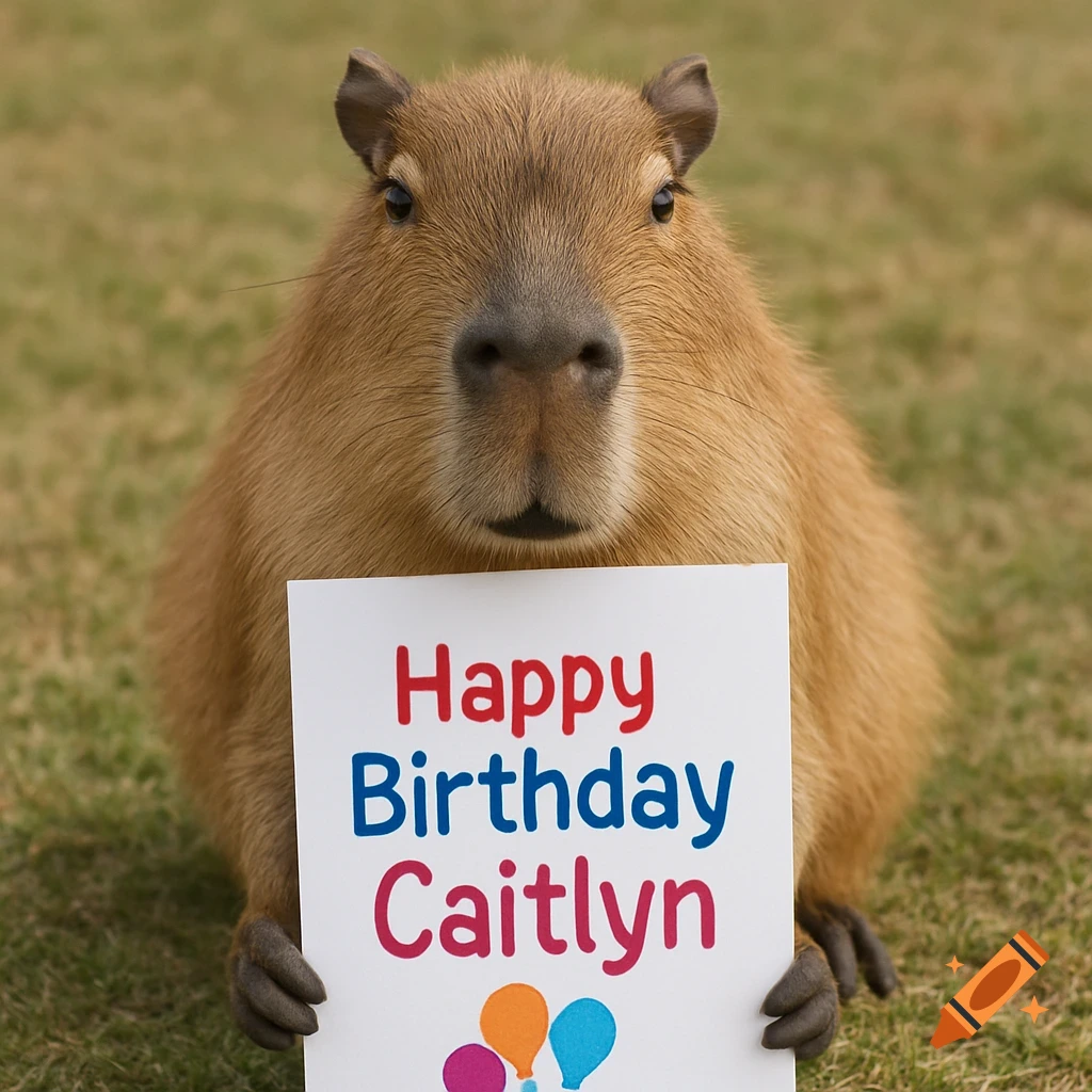 A capybara holds a sign that says Happy Birthday Caitlyn.
