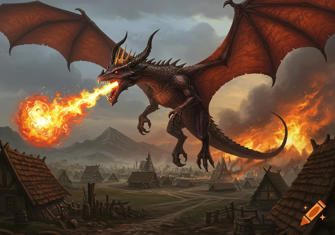 A dragon breathes fire over a fantasy village at dusk.