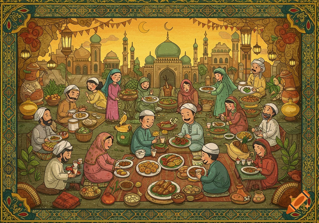 Illustration of a large group of people sharing a meal outdoors with food spread on the ground, with mosques and buildings in the background.