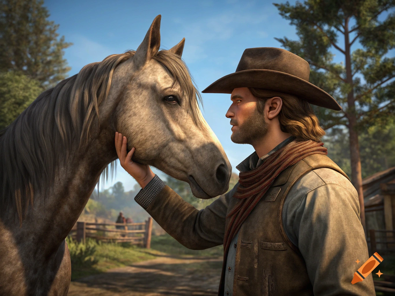 A cowboy wearing a hat and scarf gently pets a horse on its head in a sunny field.