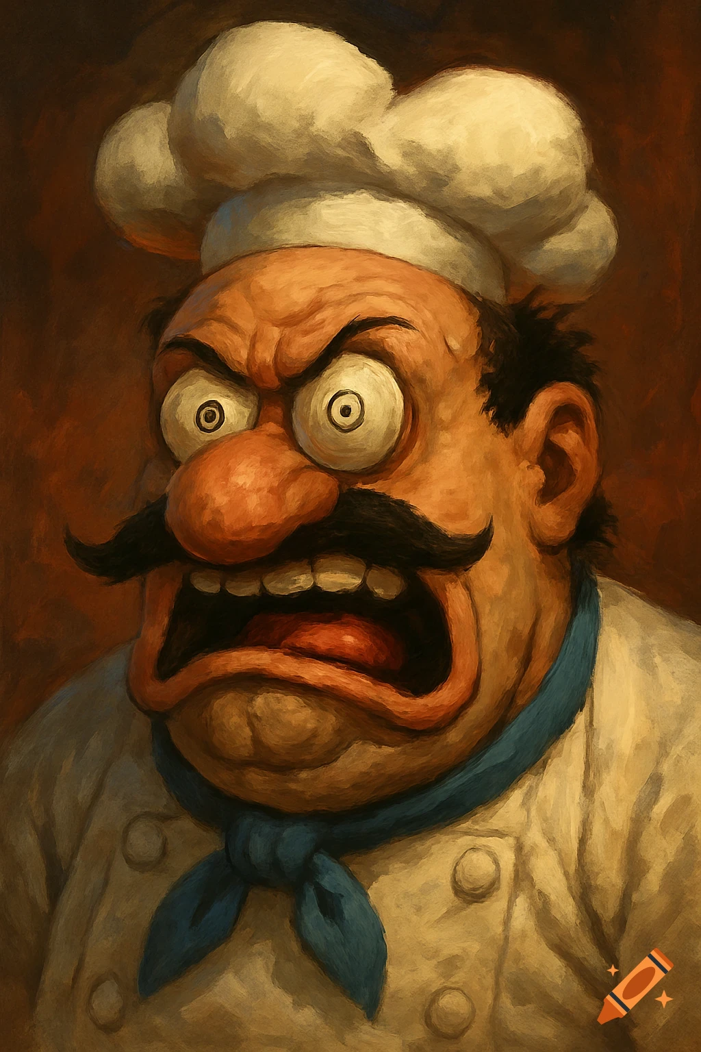 A cartoonish digital painting of an angry chef with a wide mouth and large eyes.