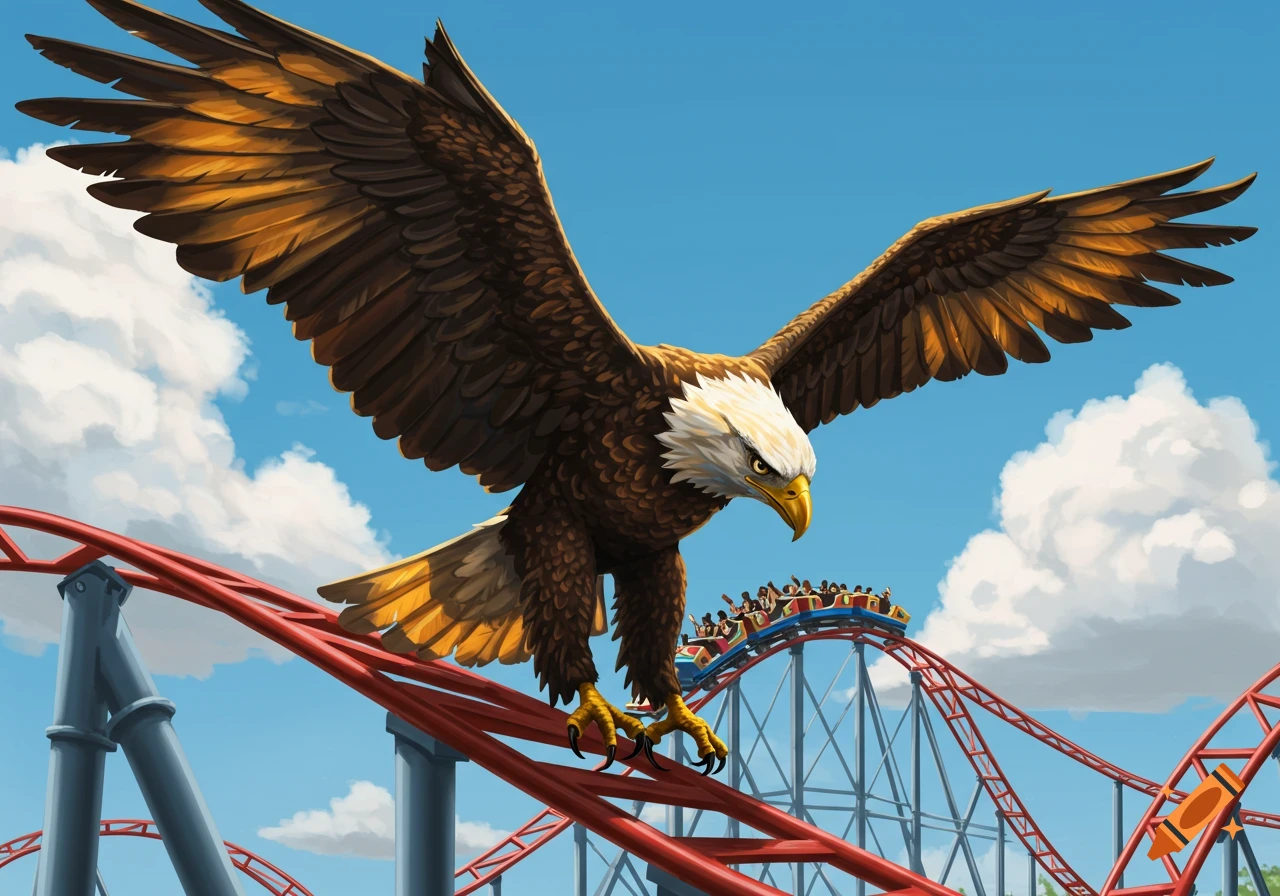 A large bald eagle soars over a red roller coaster with riders, illustration style.