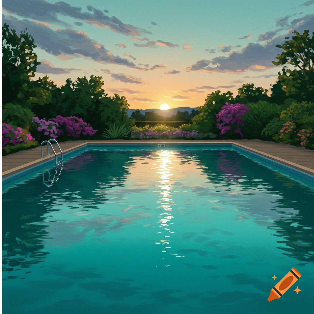 An outdoor swimming pool at sunset with trees and flowers.