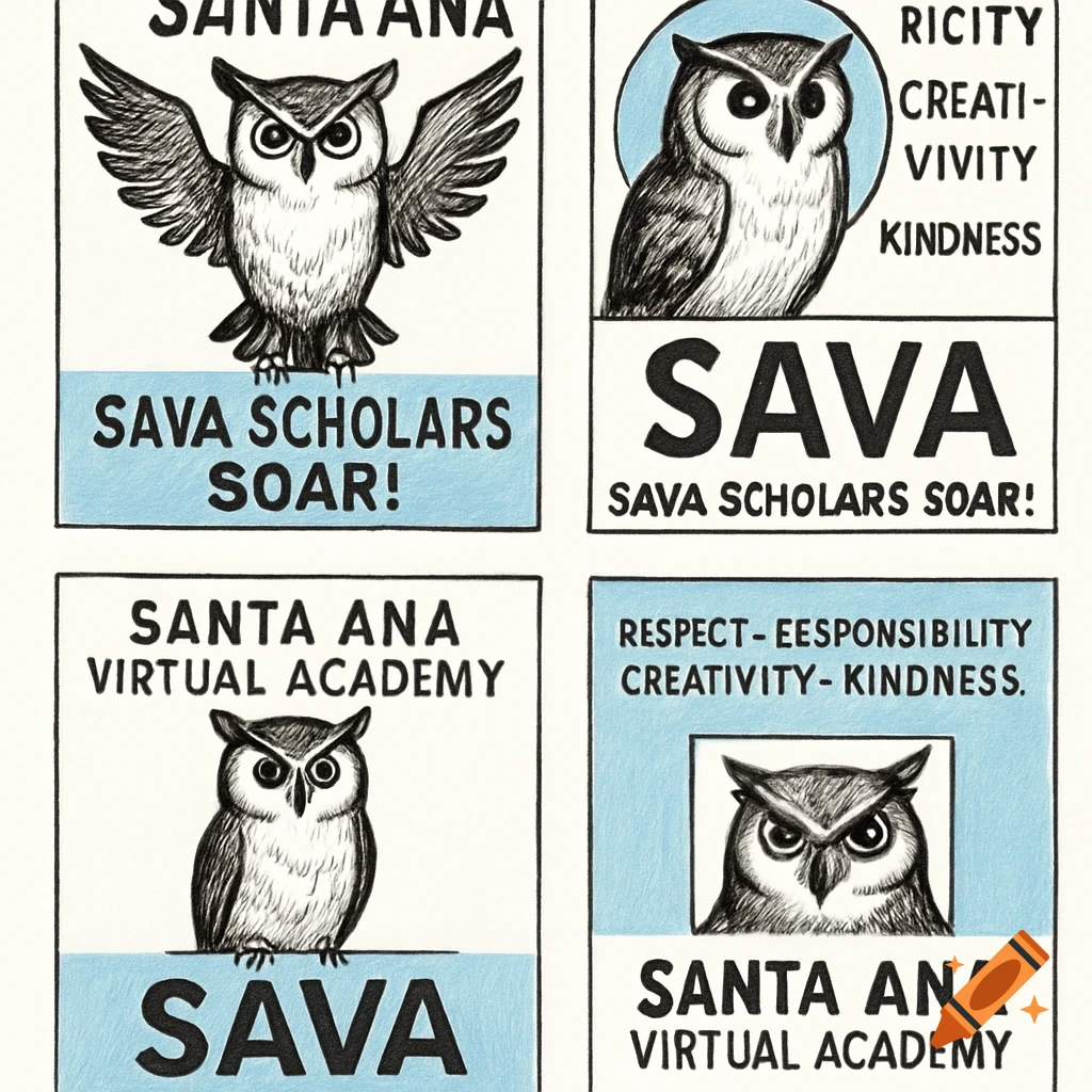 Four panels with hand-drawn style sketches of owls and text for a school cover design.
