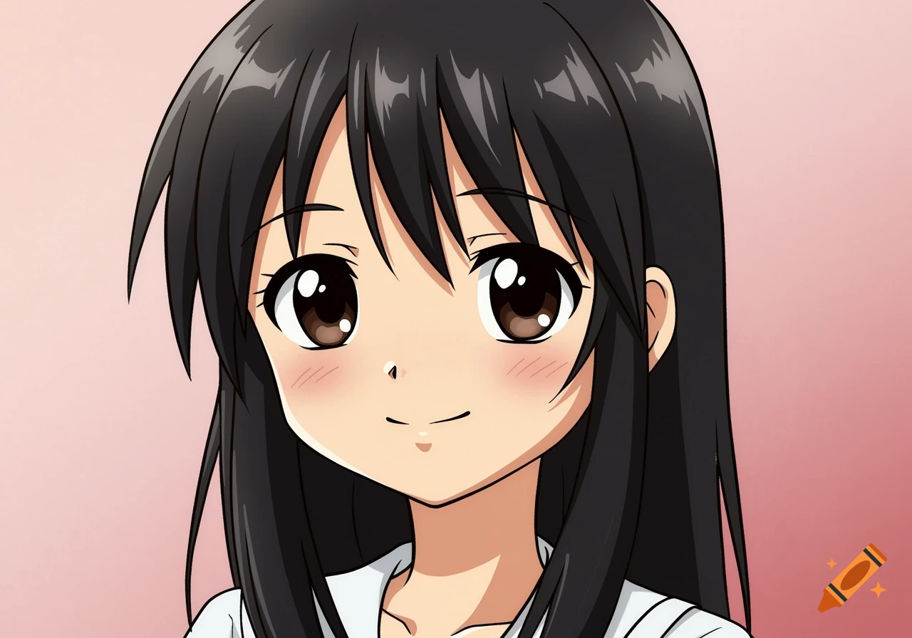 Close-up anime portrait of a smiling girl with black hair and brown eyes