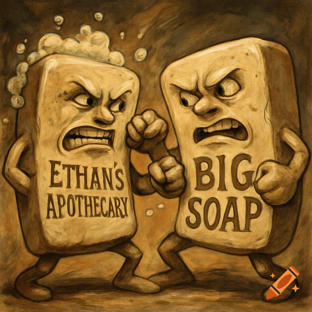 Two anthropomorphic soap bars, one labeled 'Ethan's Apothecary' and the other 'Big Soap', fight in a painted style.