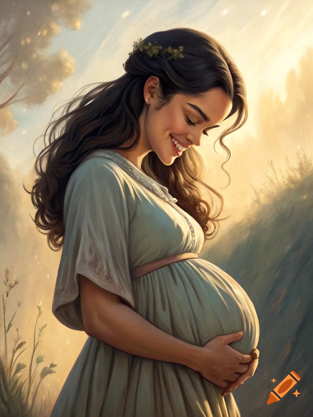 Pregnant woman smiles and holds her belly in soft outdoor light, digital art