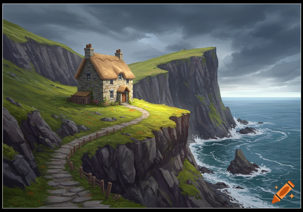 Stone cottage with thatched roof on a grassy cliff overlooking a stormy sea, digital painting