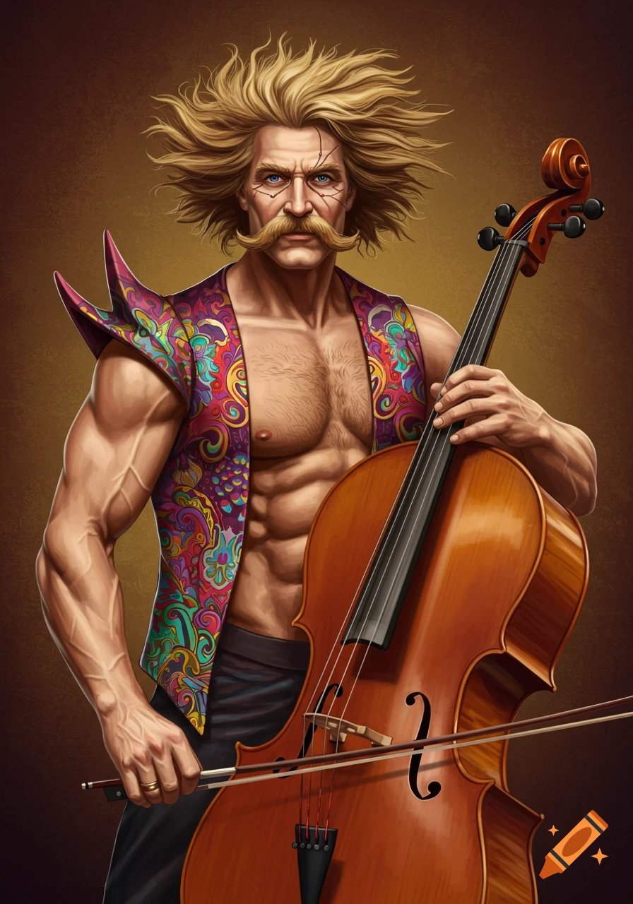 Muscular man with wild blond hair and mustache, wearing a colorful vest, holding a cello.