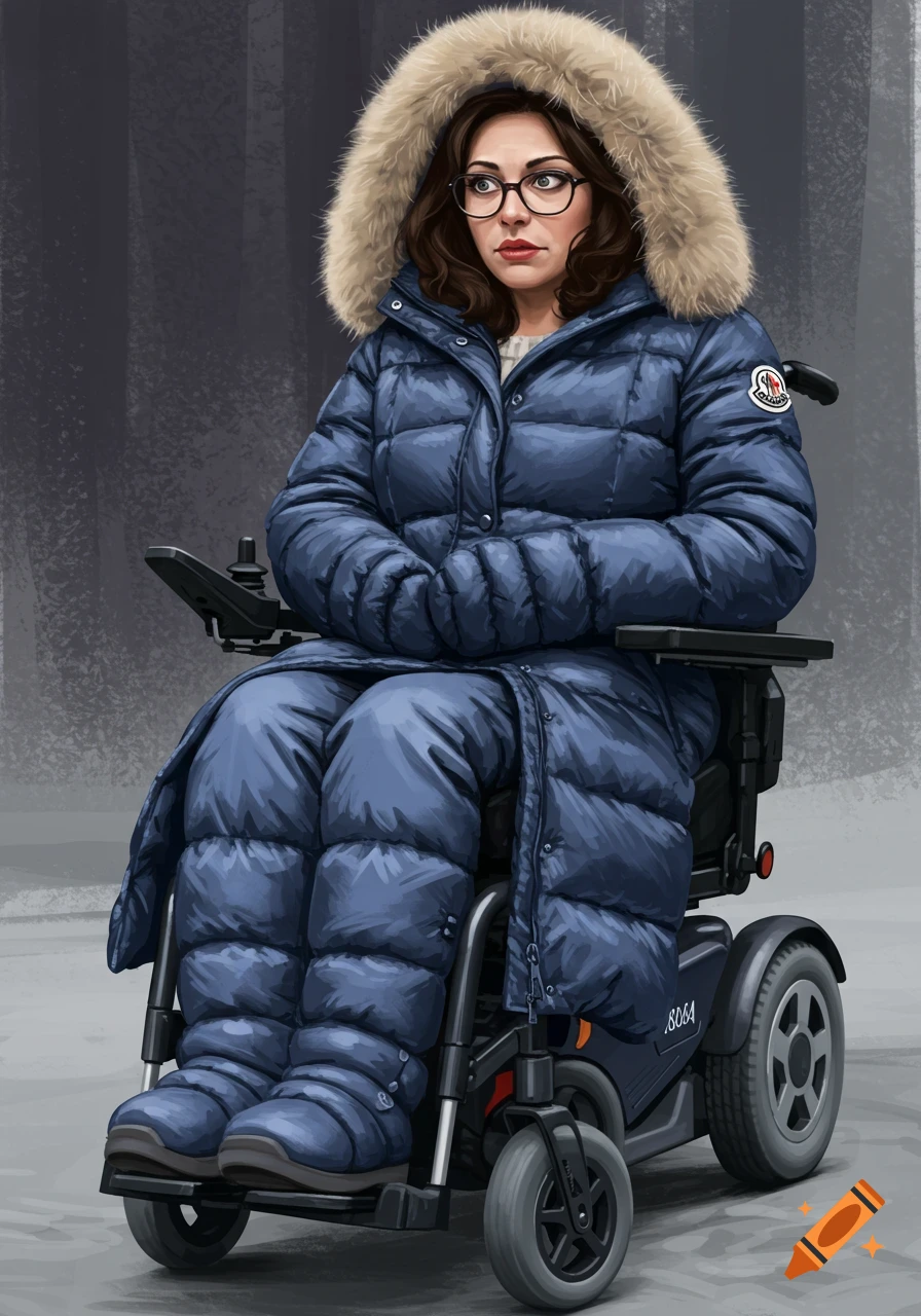 Illustration of a woman in a wheelchair wearing a blue puffer coat with a fur hood, glasses, and puffy boots.